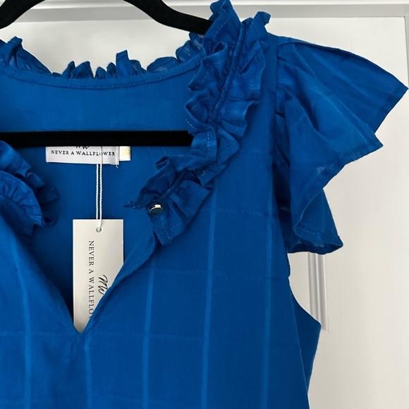 Never A Wallflower Rachel Flutter Sleeve Cotton Windowpane Dress Blue Sz XS NWT - Picture 4 of 13